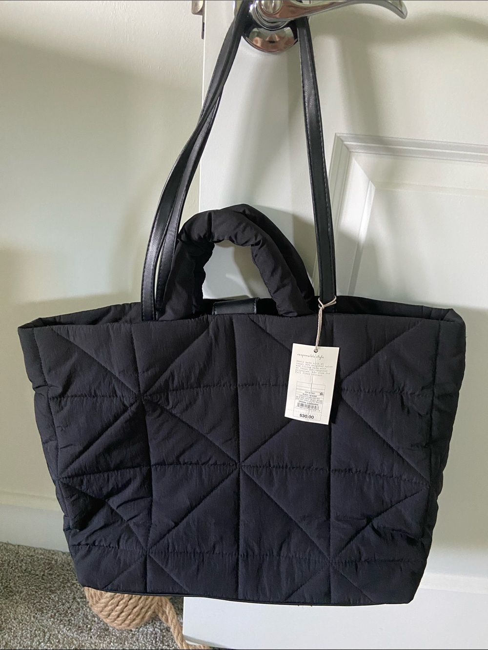 a new day Quilted Black Tote Bag with Dual Handles